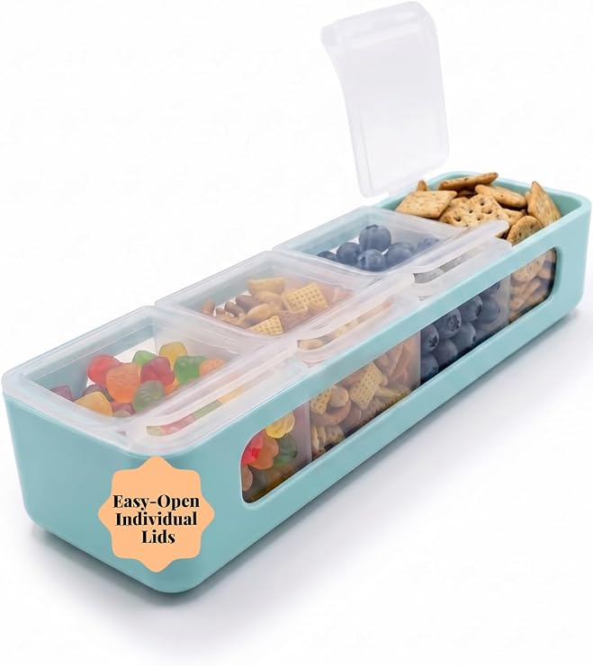 melii Snackle Box | 4-Compartment Snack Container with Individual Lids, BPA-Free Food Storage for Travel, School & On-the-Go Snacks, Kids & Family Organizer (Blue)