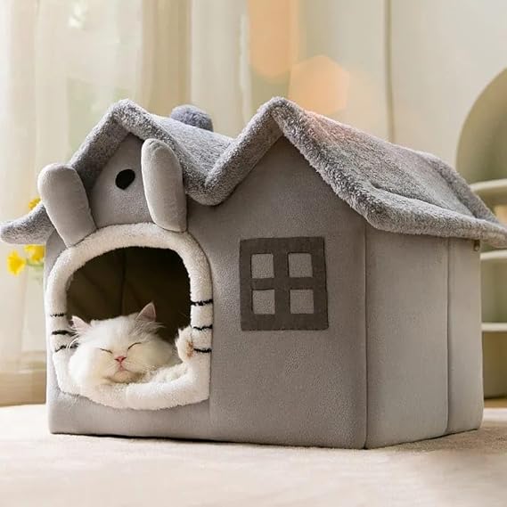 Tineke Cat House Soft Cat Bed Deep Sleep And Winter House Removable Cushion -villa 1pc (GRAY LARGE SIZE) [Energy Class A]