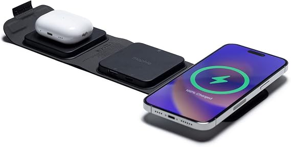 mophie Wireless 3 in 1 Travel Magnetic Wireless Charging Station, Multiple Devices, Compatible with Apple iPhones, Google, Samsung Devices, AirPods, BYO Watch Charger. (Watch Charger not Included)
