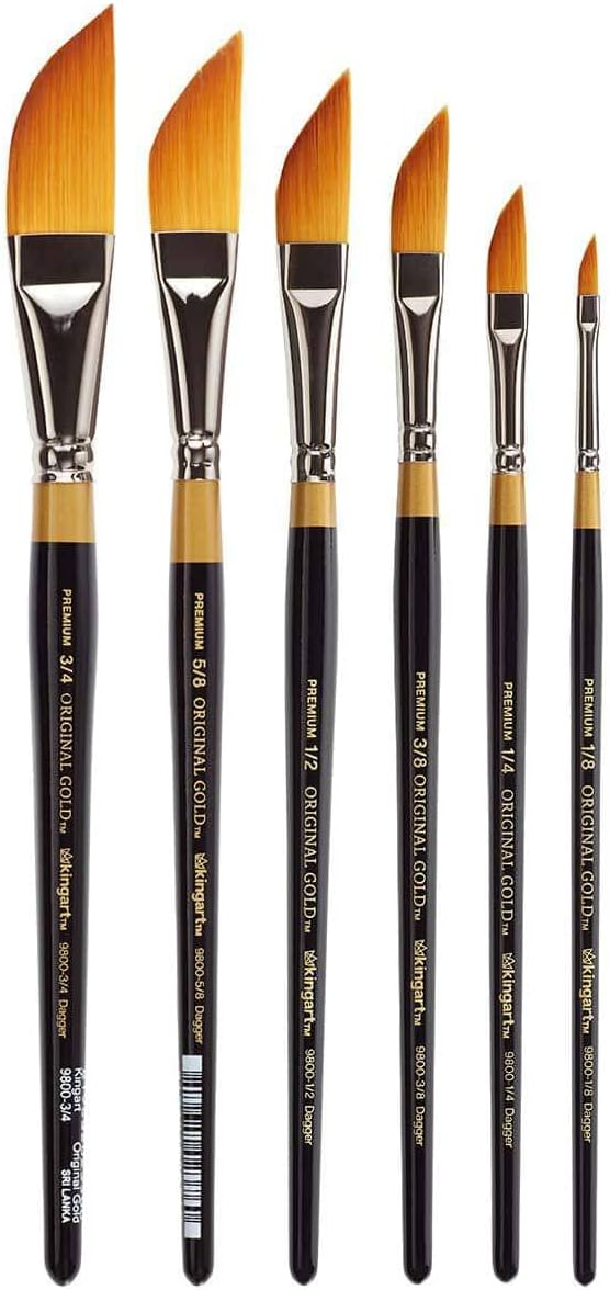 KINGART Premium Original Gold 9800 Series 6 pc. Dagger Striper Brush Set, Synthetic Golden Taklon Hair for Acrylic, Watercolor & Oil, Short Handle, 6 Sizes: 1/8, 1/4, 3/8, 1/2, 5/8, 3/4"