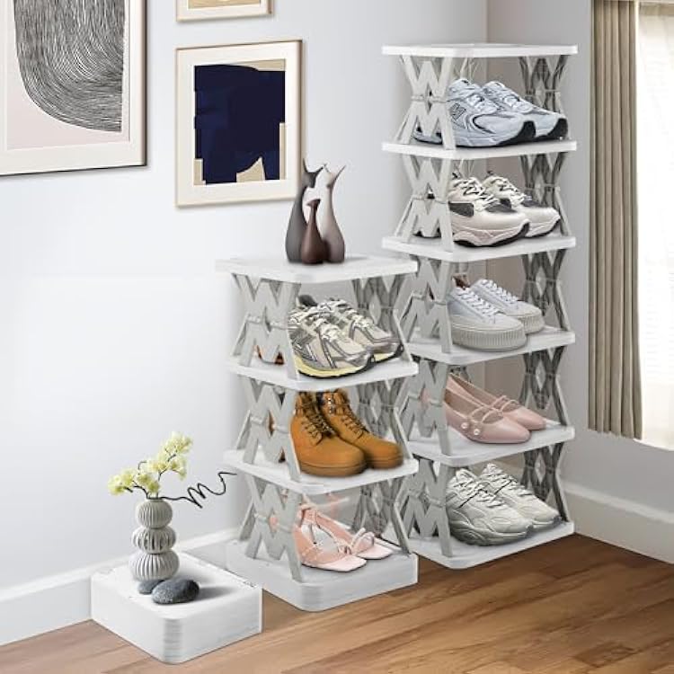 6 Tier Collapsible Kids Shoe Rack, Small Vertical Foldable Shoe Organizer for Front Door Entrance, Dorm, Bedroom, and Small Spaces Grey-w