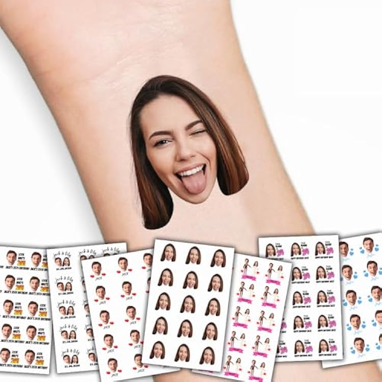 Custom Fun Face Temporary Tattoos - with Photo Personalized Face Tattoo - for Adults Women Men Couple Friends Birthday Bachelorette Party Favors Wedding - Set of 15