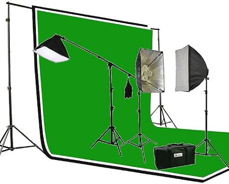 ePhoto 2700 Watt Photography Studio Video Continuous Lighting SOFTBOX KIT 3PC 6 x 9 Muslin ChromaKey Green, Black, White Background Support Stand Kit H604SB-69BWG