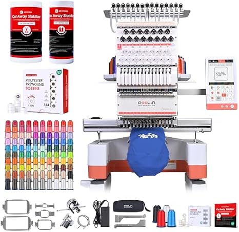Poolin EOM 15-Needle Commercial Embroidery Machine | Advanced Bundle for Business Includes 100 Colors Threads,144pcs Magsnap Bobbins, Tear Stabilizer and Cut Away Stabilzer