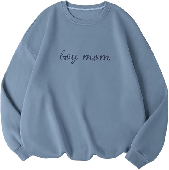 Boy Mom Embroidered Sweatshirt Mama Sweatshirts for Women Mama Life Casual Crewneck Hoodies Oversized Pullover Top