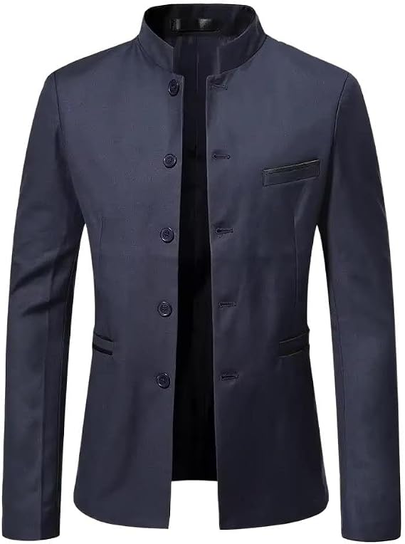 Men's Business Casual Chinese Tunic Suit Mandarin Collar Slim Blazer for Men-Navy Blue01
