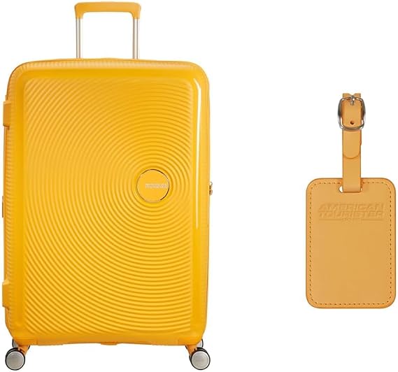 American Tourister Soundbox Hard Shell Suitcase 77 cm Large Yellow with Luggage Tags, Papaya pop