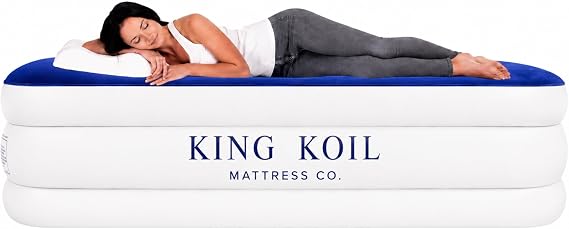 King Koil Luxury Cal Air Mattress with Integrated Pump for Home Camping & Guest Size Inflatable Air Mattress Luxury Double Height Adjustable Inflatable Mattress Durable Patented coil support flocked waterproof top inflates in 2 minutes puncture resistant PVC 650 lbs load capacity