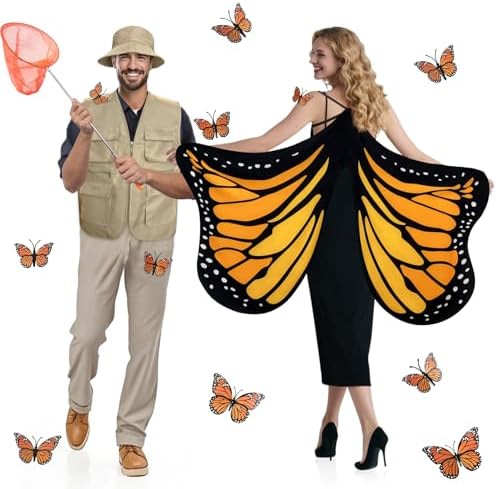 Halloween Couples Costume for Adults, 17 Pcs Simple Butterfly Couple Costumes with Butterfly Catcher Costume and Monarch Wings, Duo Costumes for Best Friends Men Women Cosplay