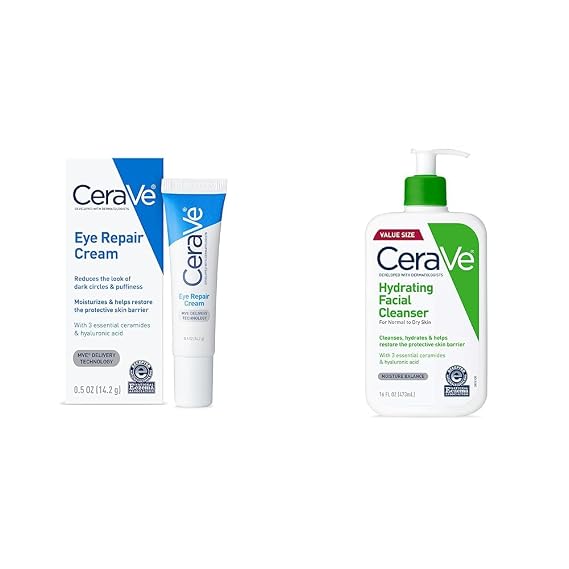 CeraVe Eye Repair Cream | 0.5 Ounce & Hydrating Facial Cleanser | Moisturizing Non-Foaming Face Wash with Hyaluronic Acid, Ceramides and Glycerin | Fragrance Free Paraben Free | 16 Fluid Ounce