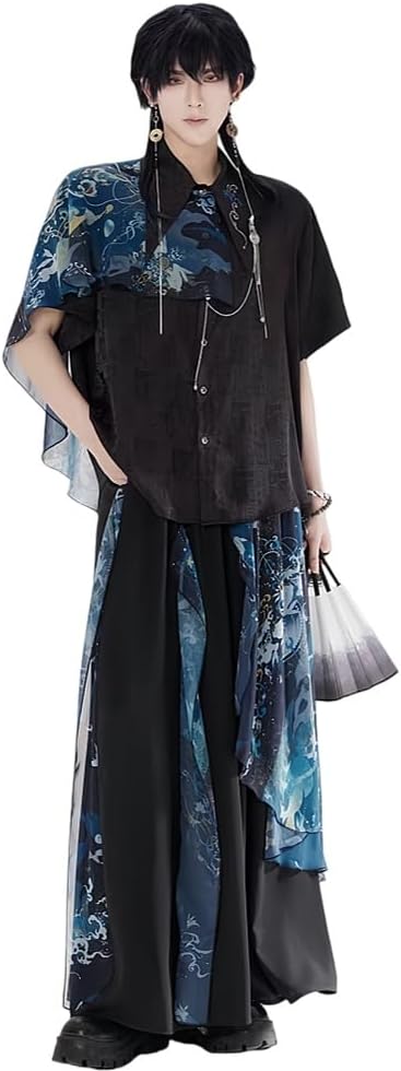 Chinese Clothing, 2-Piece Set, Men's, Chinese Clothing, Short Sleeve, Lapel, Patchwork, Front Opening, Button, Thin, Top, High Waist, With Ribbon, Deformation Pants, Loose, Wide Pants, Old