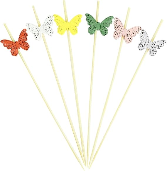 100 Pcs 4.7 Inch Wood Butterfly Cocktail Picks Long Fancy Wooden Toothpicks Decorative Fruit Sandwich Skewers Birthday Party Food Sticks Drink Garnish