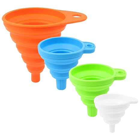 KUFUNG Kitchen Funnel Set 4 Pack - Food Grade Silicone Funnels for Kitchen Use, Filling Bottles - Small Funnel, Space-Saving Design - Easy to Clean and Store
