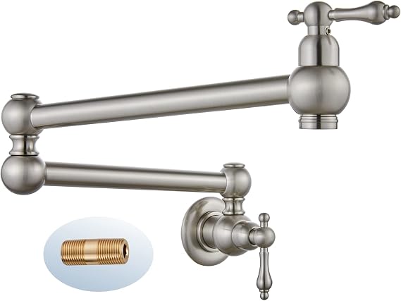 Brushed Nickel Pot Filler Faucet Wall Mount Classical Folding Stretchable Stainless Steel Kitchen Restaurant Sink Faucet with Double Joint Swing Arm 1 Hole 2 Handle Commercial