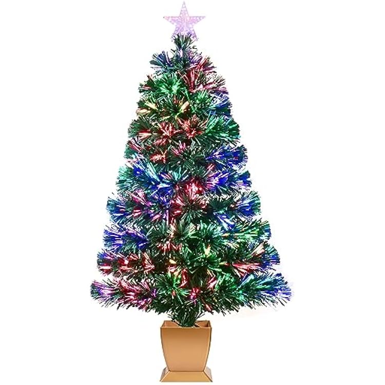 3ft Green Fiber Optic Christmas Tree,Pre-Lit Artificial Mini Christmas Tree, Tabletop Small Xmas Tree with Stars Holiday Home Decorations