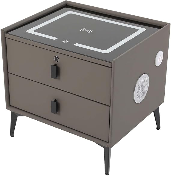 Smart Nightstand, Fingerprint Lock Bedside Side Table Bluetooth Speaker Side Table Minimalist New Solid Wood Bedside Table with Bluetooth Speaker Adjustable LED for Bedroom Living Room (Dark Grey)