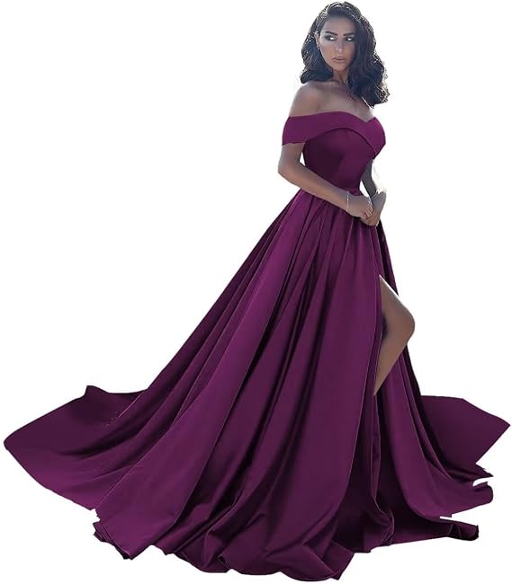 Off Shoulder Satin Prom Dresses Ball Gown Plus Size Formal Dresses for Women Wedding Dress with Slit