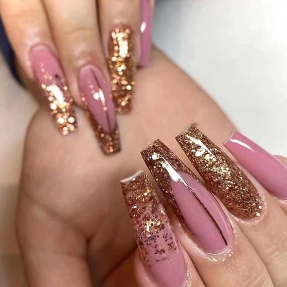 Long Luxury False Nails Tips - Coffin Press on Nails Acrylics Full Cover Pink French Fake Nails Galaxy Nails Tips for Women and Girls 24Pcs