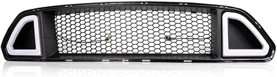 G-PLUS Front Upper Mesh Grille w/DRL LED Light, Gloss Black | Compatible with Ford Mustang 2015-2017