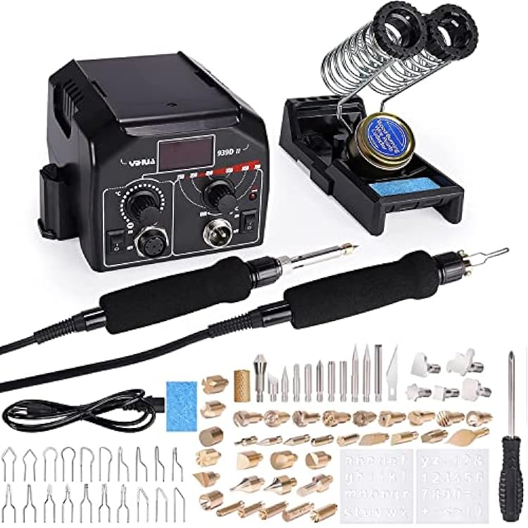 145W 2-in-1 939D-II Pyrography Pen Wood Burning Pen Tool Kit with 51 Solid Points200C ~480C and 20 Wire Nibs 250~750C,Craft Pyrography Machine Wood Burner Set Black