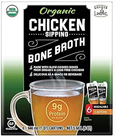 Golden Ladle Organic Chicken Bone Broth (6 Resealable Cartons) | Low Sodium - Nutritious Stock, Rich in Protein | Delicious Base for Soups or Other Healthy Food Recipes | By Gourmet Kitchn