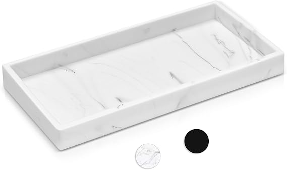Bathroom Vanity Tray, 7.9'' Silicone Kitchen Sink Soap Tray, Toilet Tank Desk Organizer, Perfume Tray, Coffee Table Tray (Marble White)