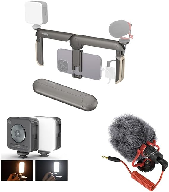 Bundle: SmallRig P20 Foldable Universal Phone Cage 4047+ P96 LED Video Light 3286B+S20 Video Microphone with Shock Mount 3468
