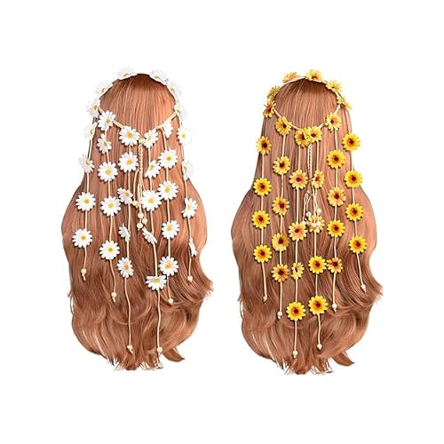 2Pcs Flower Hippie Headband Floral Crown Adjustable Summer Sunflower Hair Headwear Accessories Bohomia Feather Rope Crown Headdres for 70 s Bohemian Costumes Style YellowWhite