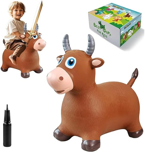 HotMax Bouncy Bull Hopping Horse Toys, Inflatable Bouncing Animal Hopper for Toddlers or Kids, Ride on Jumping Farm Toys for Boy or Girl, Birthday Gift 2 3 4 Year Old (Brown Cow)