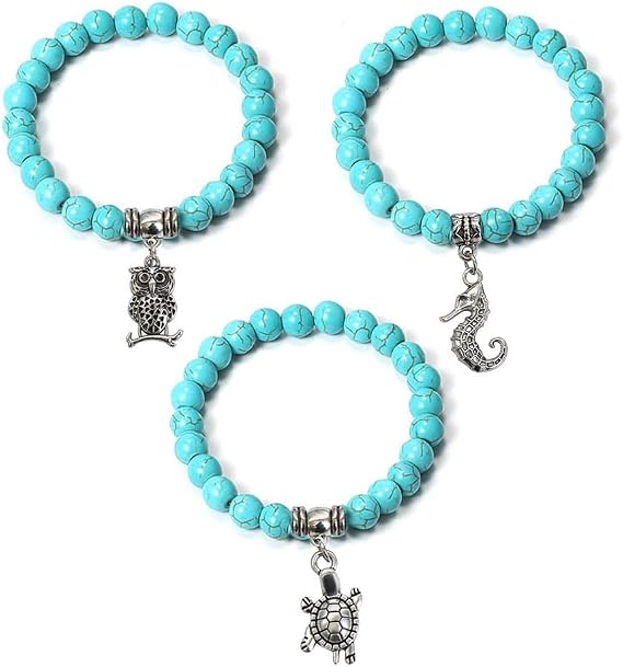3pcs Turquoise Bead Bracelet Set Wrap Bracelet Bohemian Bracelets with Natural Stone Jewellery Gifts for Women Men