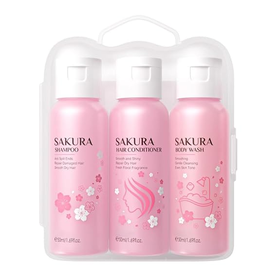 3Pcs Sakura Bath & Hair Care Set Women Beauty Sets with Hair Shampoo & Conditioner Set and Body Wash, Moisturizing Hair Treatment for Dry, Damaged Hair, Hair & Body Care Travel Size Set for Women