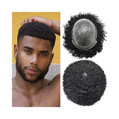 Afro Toupee for Black Men Brazilian Human Hairpiece Kinky Curly Wavy African American Men Hair Replacement Black Hair System for Man All Poly Hair Units Wig for Men #1B Off Black-8mm afro wave
