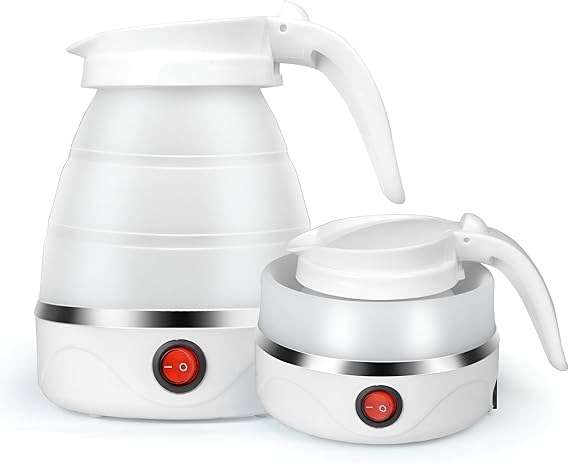 Foldable Electric Kettle, 600ML Silicone Mini Portable Travel Tea Maker with Separable Power Cord for Outdoor Hiking, White