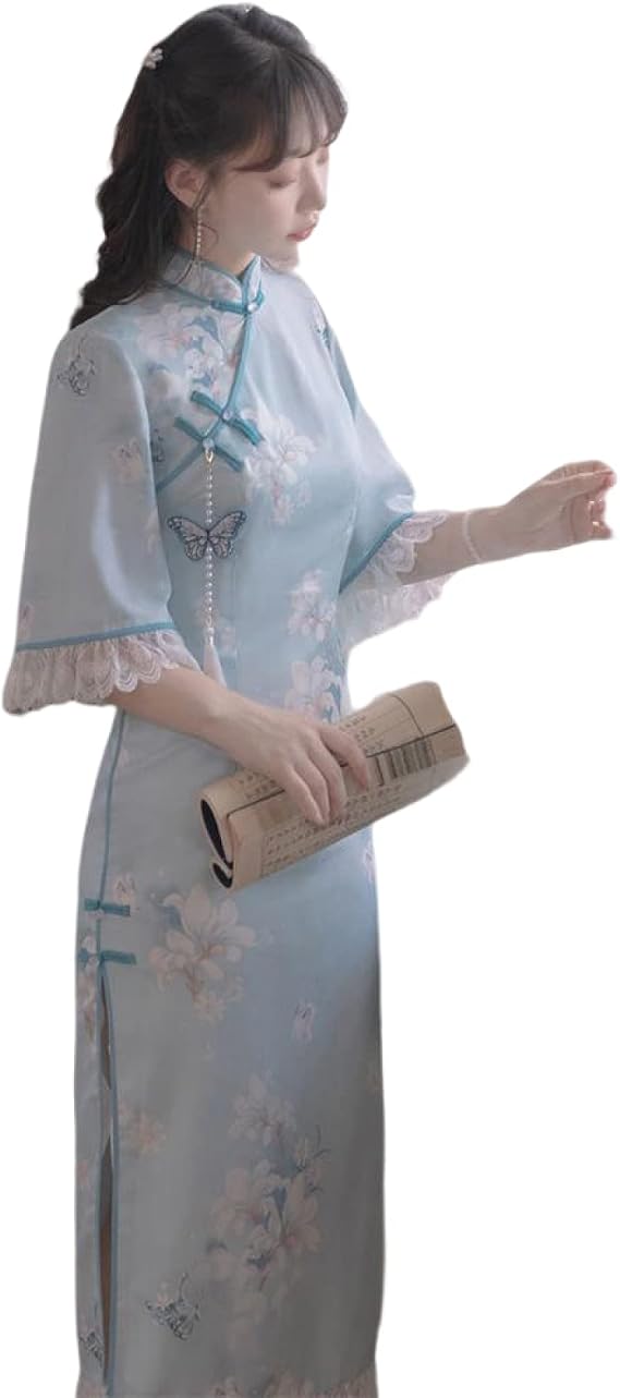 CBROOT Women'S Chinese Cheongsam Dress - Spring Autumn Chinese Style Cheongsam 3/4 Sleeve Lace Fashion Vintage Dress Women Banquet Wedding Party Long Slim Qipao Clothing