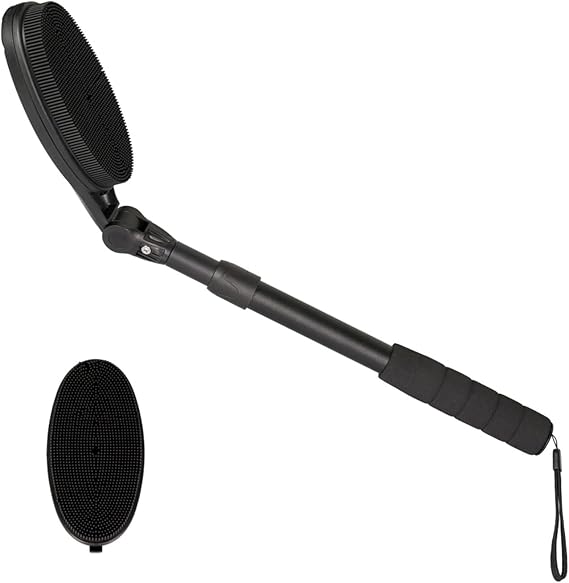 EASACE Back Scrubber for Shower, Soft Silicone Bath Body Brush with Long Handle, Adjustable Head with 1 Extra Replacements