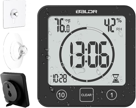 Baldr Shower Clock Waterproof Bathroom Clock with Timer/Temperature/Humidity, Digital Timers for Kids and Adults, Bath Kitchen Study, Black