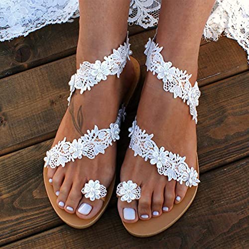 Pearl and Rhinestone Boho Sandals for Women Summer Dressy Wedding Shoes Rhinestone Sandals Strappy Bohemian Flat Sandals Cute Bride Bridesmaid Sandals for Women Beach Vacation