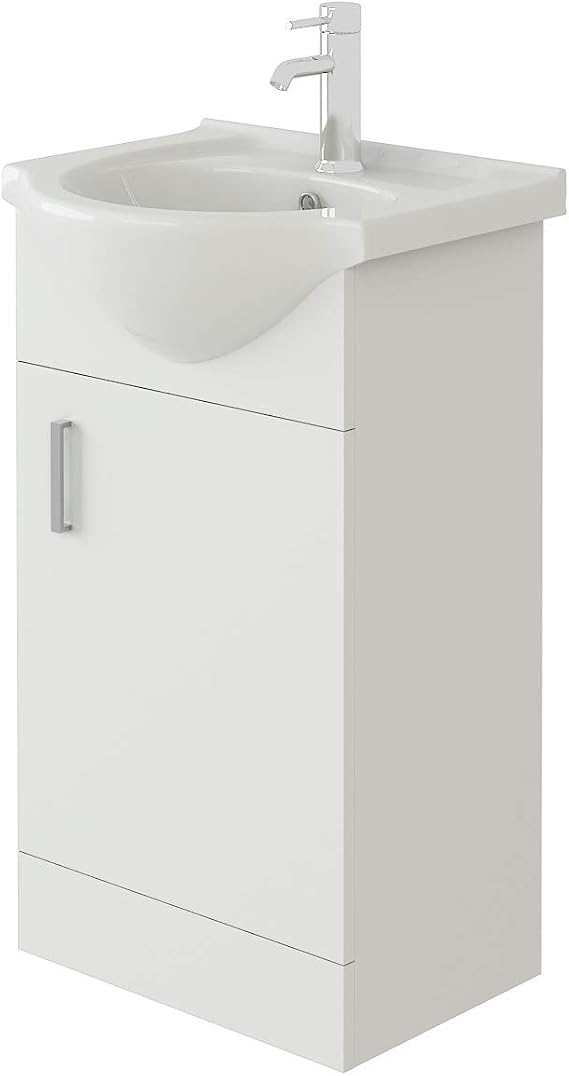 VeeBath Mars 450 Vanity Unit Furniture, Ceramic Wash Basin Sink, Floor Standing, Soft Close Doors Bathroom Storage Cabinet- White (Flat Pack)