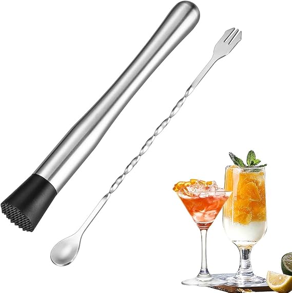 2 Pcs Muddler for Cocktails,10 Inch Muddler and 8 Inch Bar Spoon,Stainless Cocktail Accessories for Drink - Create Delicious Mojitos and Other Fruit Based Drinks