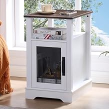 End Table with Charging Station Farmhouse Night Stand for Living Room, White Nightstand for Bedroom Furniture, Storage Cabinet with Open Shelf, Wood Bed Side Tables with Mesh Door for Couch or Sofa
