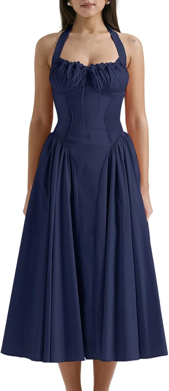 Women's Summer Floral Halter Neck Backless Corset Dress Lace Up Square Neck Midi Dress A-Line Flowy Beach Sundress