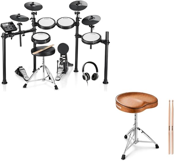 Donner DED-200X Electronic Drum Set, Electric Drum Kit with Quiet Mesh Pads and Donner Saddle Drum Throne, Height Adjustable Padded Seat Stool for Adults and Kids