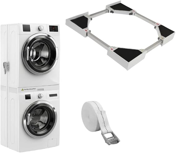 Adjustable Stacking Frame Kit 46-66 cm Universal Fit for Washing Machine Tumble Dryer Stackable Shelf with Ratchet Ropes and Anti Vibration Feet [Energy Class A+++]