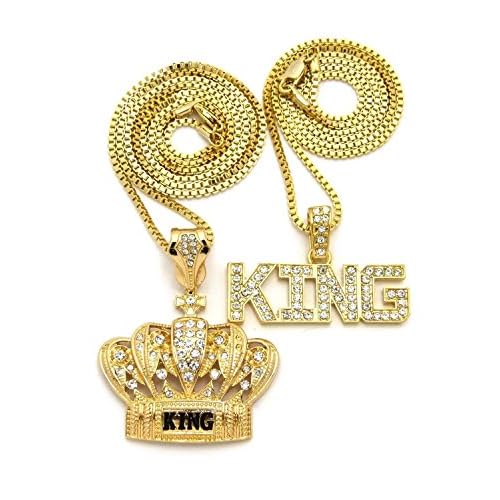 Mens King Crown Black & Gold, King ICED Out Hip HOP Pendant Box Chain Necklace Set of 2