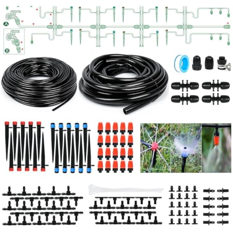 Bonviee 169FT Drip Irrigation System, Garden Watering System with 12& 14 Tubing, Adjustable Drip Emitters and Barbed Fittings, Automatic Drip Irrigation Kit for Raised Garden, Greenhouse, Lawn
