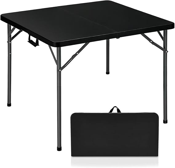 Lakhow 34" Square Folding Card Table,Bi-Folding Portable Heavy Duty Square Table,Black | HDPE Top,Carrying Handle,Removable Legs,Indoor Outdoor Use for Study,Picnic,Camping, Party
