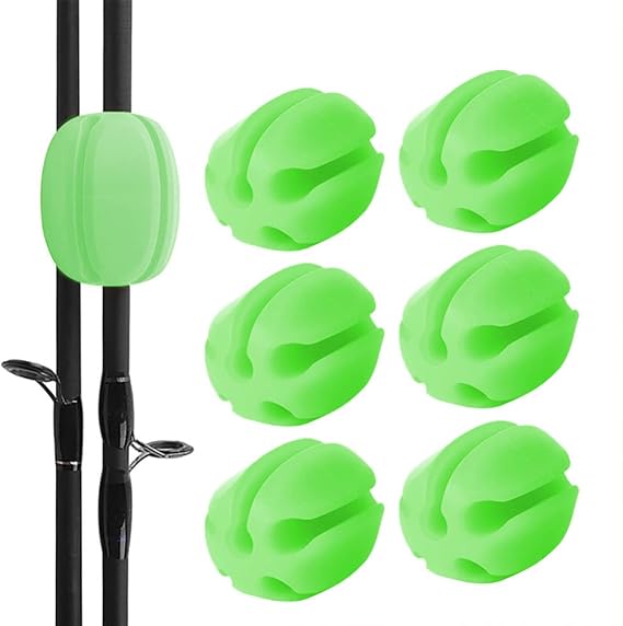 6pcs Silicone Fishing Rod Holder Straps, 5 Hole Fishing Tackle Ties, Lightweight Stretchy Rod Holder, Fishing Rod Fixed Ball Rubber Fishing Pole Clips, Fishing Rod Tie Holder Egg Shaped Binder green