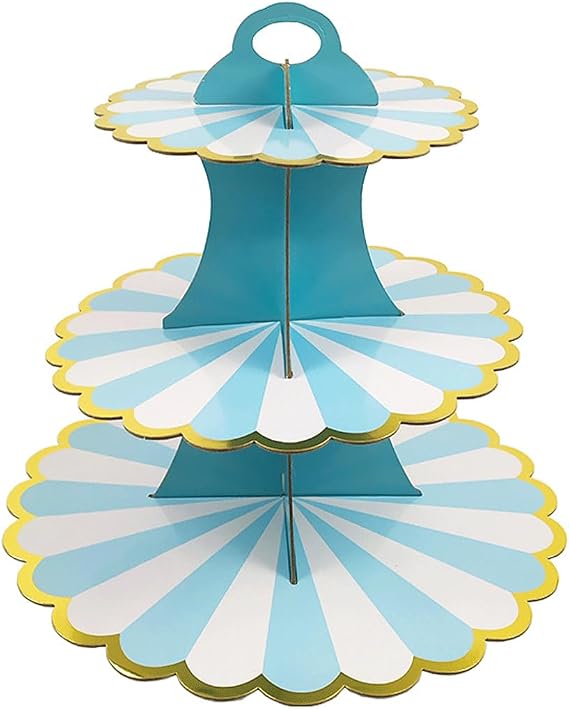 Disposable 3-Tier Paper Cupcake Stand with Gold Foil Design - Sturdy Dessert Tower for Birthday Parties, Baby Showers, Weddings - Eco-Friendly Paper Table Decor (Blue)