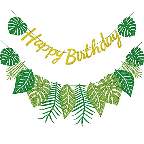 Hawaiian Birthday Banner - Hawaiian Party Decoration for Luau Tropical Jungle Safari Palm Leaf Baby Shower Glitter Decor