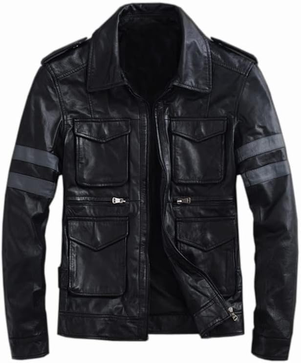 Mens Resident RE6 Evil Leon S Kennedy Leather Jacket | Motorcycle Leather Jacket with Stripes Sleeves